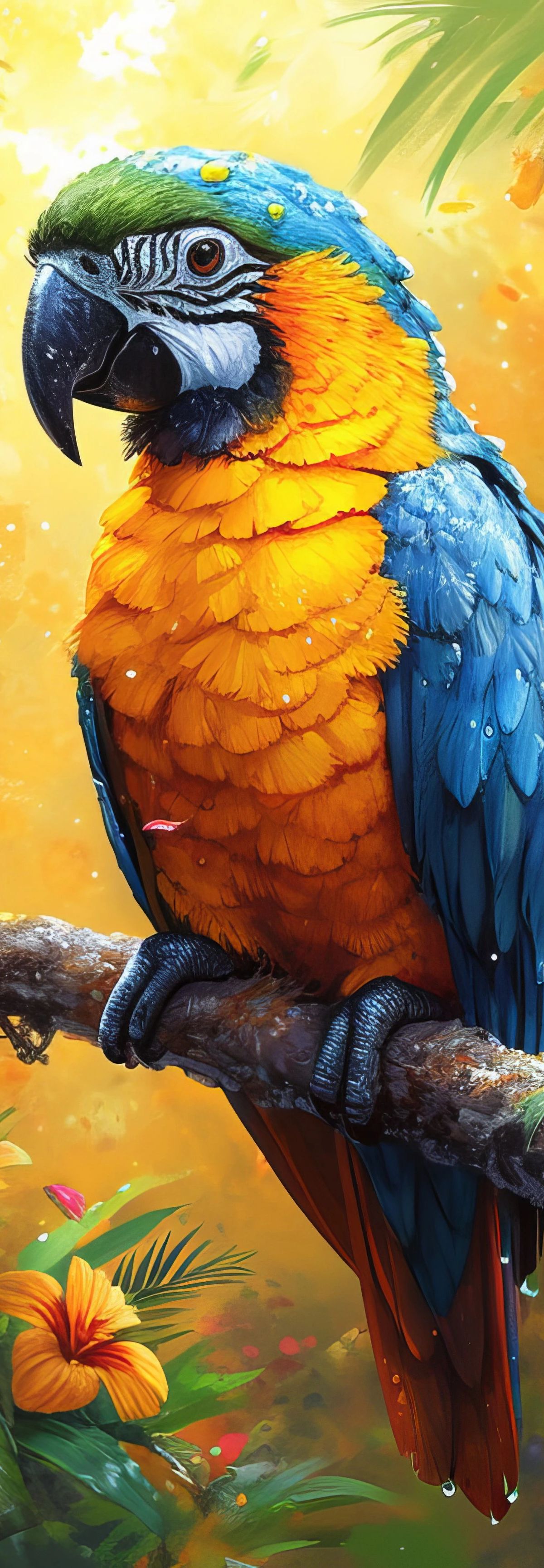 A blue and gold macaw with striking eye markings sits on a branch surrounded by red and orange hibiscus flowers and green tropical foliage against a warm yellow background.