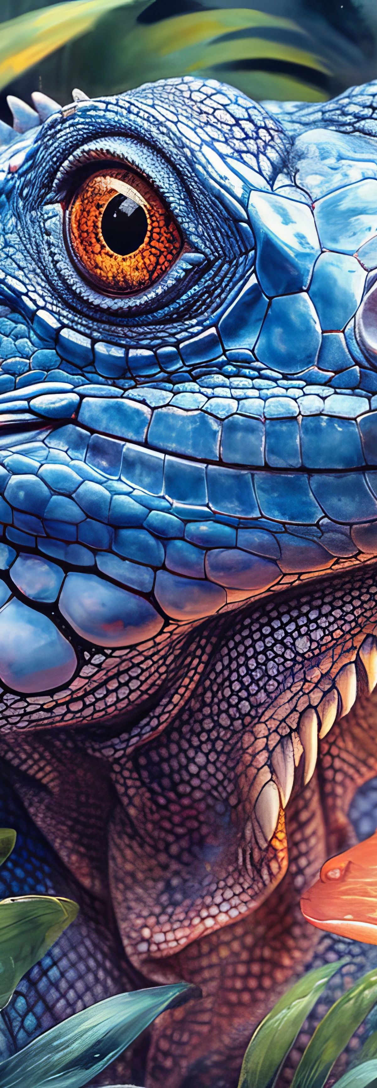 A detailed digital illustration of a blue iguana with distinctive spikes and an orange eye, surrounded by bright yellow and orange flowers with green leaves