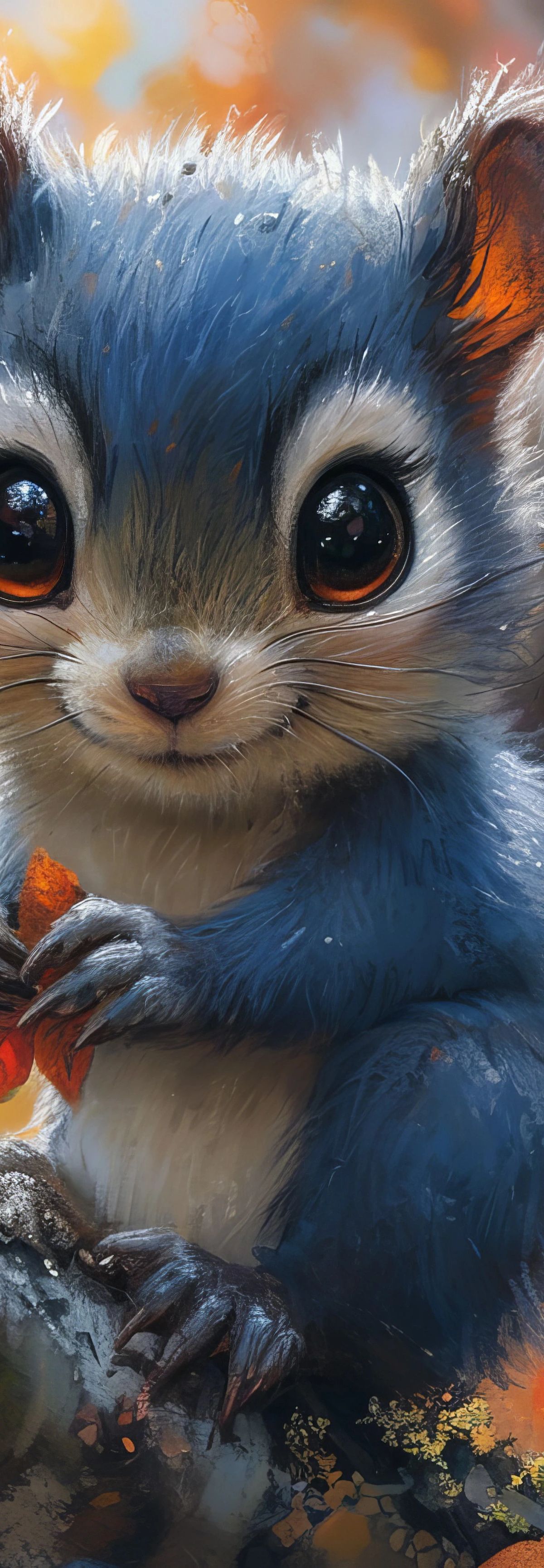 Digital illustration of a blue and white squirrel with large expressive eyes holding a rowan berry, surrounded by red berries on branches against an autumn-colored background
