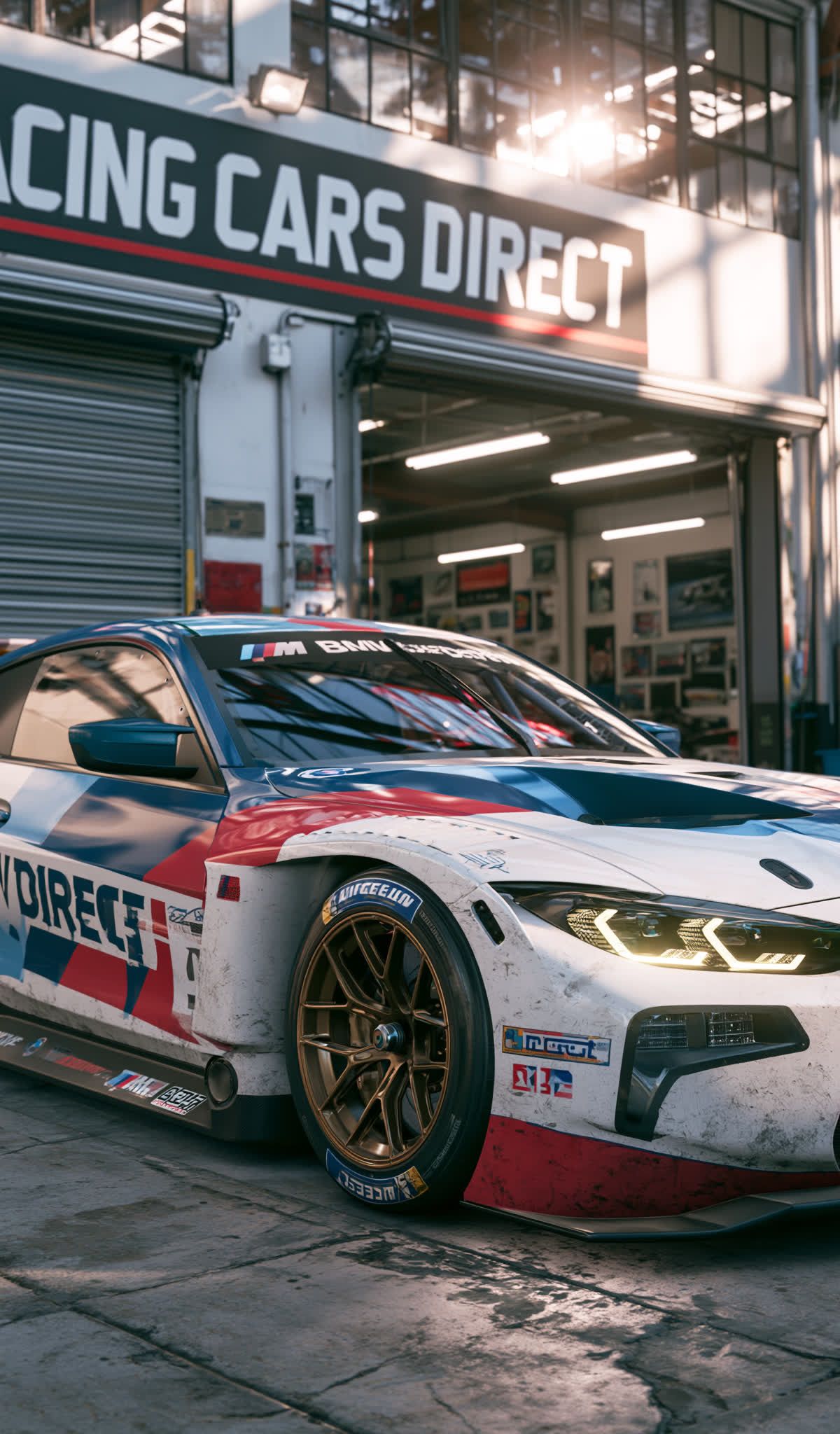 Red, white and blue liveried BMW M4 GT3 race car parked outside a garage under a Racing Cars Direct sign.