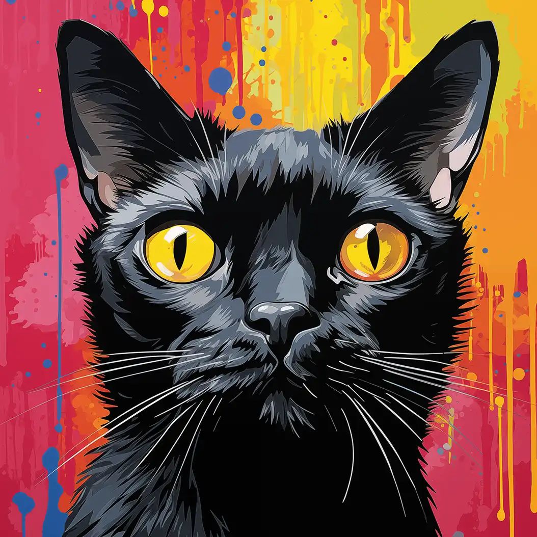 Minimalist colorful portrait of a Bombay cat with striking yellow eyes and vibrant paint splash background.