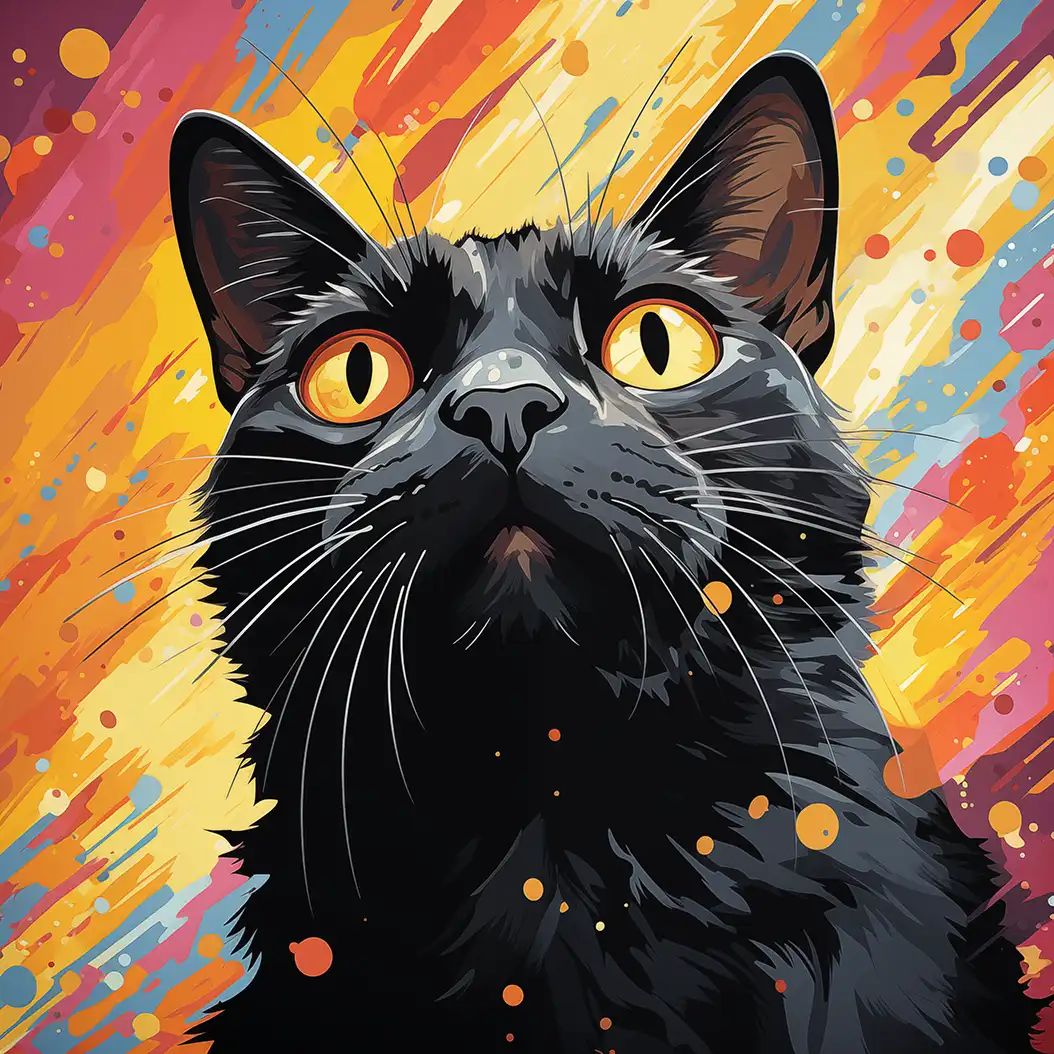 Bright digital illustration of a sleek black Bombay cat with glowing eyes and abstract paint effects.