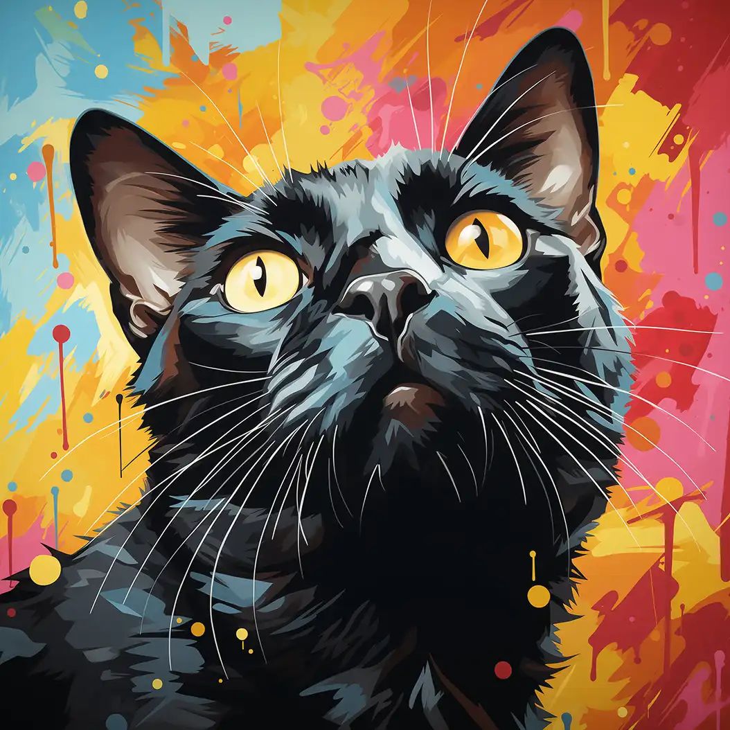 Artistic portrait of a black Bombay cat with glowing yellow eyes and colorful splash background.