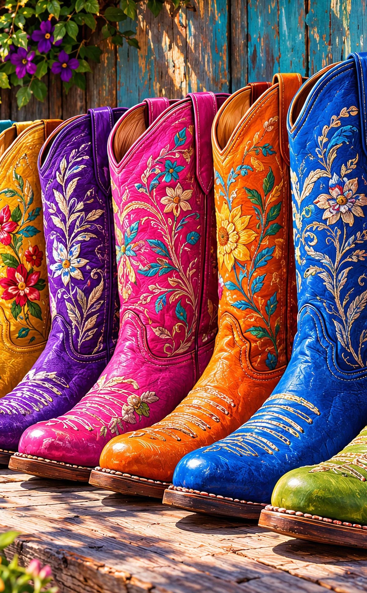 Ten colorful decorative cowboy boots arranged in a row against a rustic wooden backdrop, each featuring detailed embroidered flowers in different colors including red, teal, yellow, purple, pink, orange, blue, and green