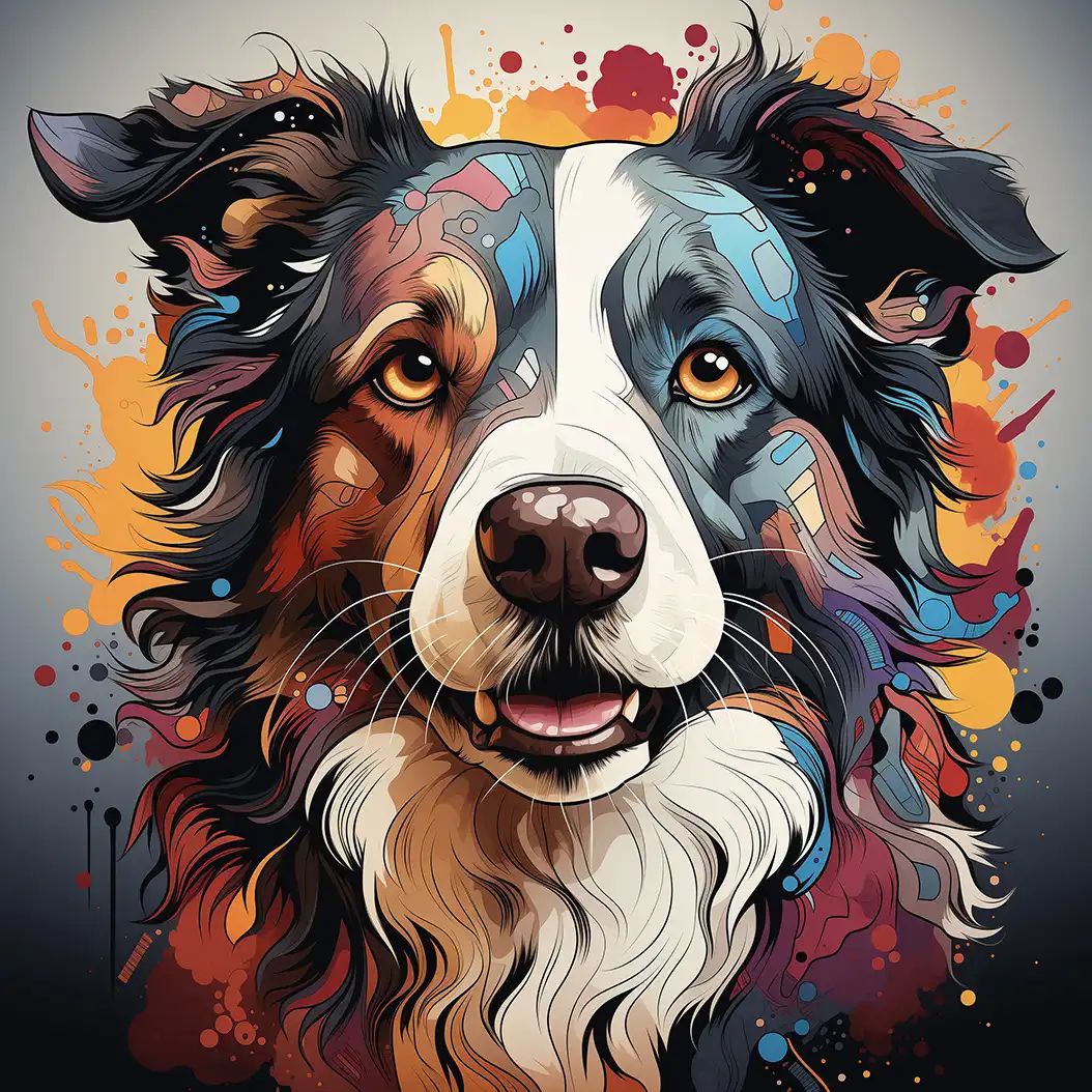 Colorful digital painting of a fluffy Border Collie with expressive face and abstract background.