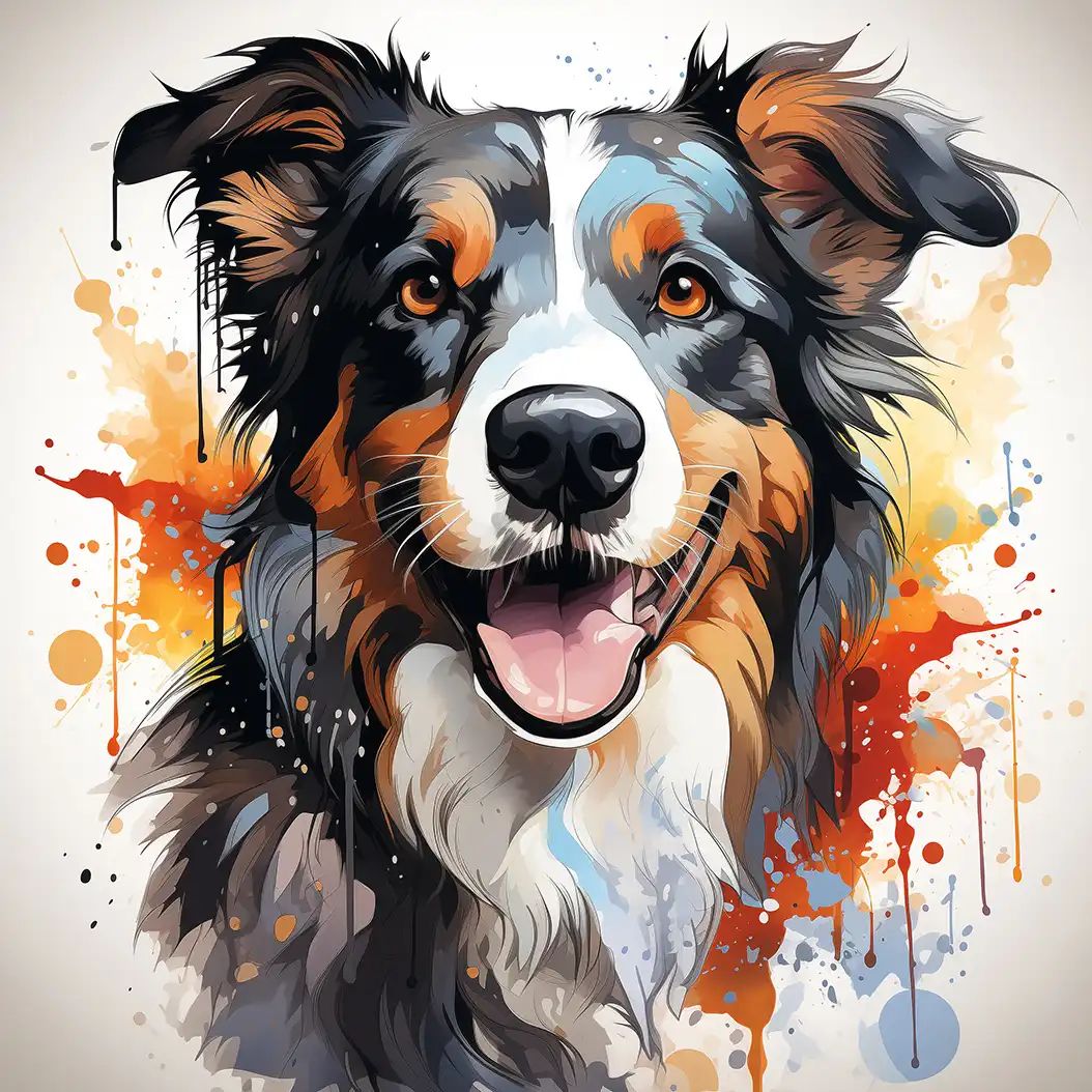 Artistic illustration of a smiling Border Collie with vivid paint splash background and expressive eyes.