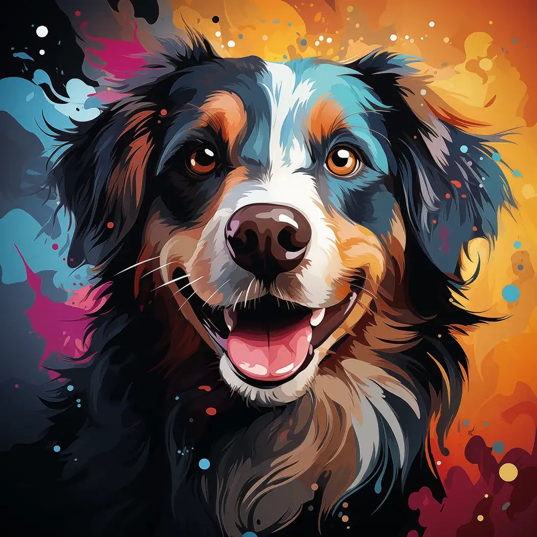 Colorful artistic portrait of a smiling Bouvier des Flandres dog with vivid paint splash effects.