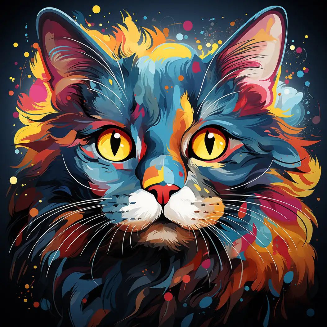Vibrant neon-style portrait of a Brazilian Shorthair cat with glowing eyes and abstract colorful effects.