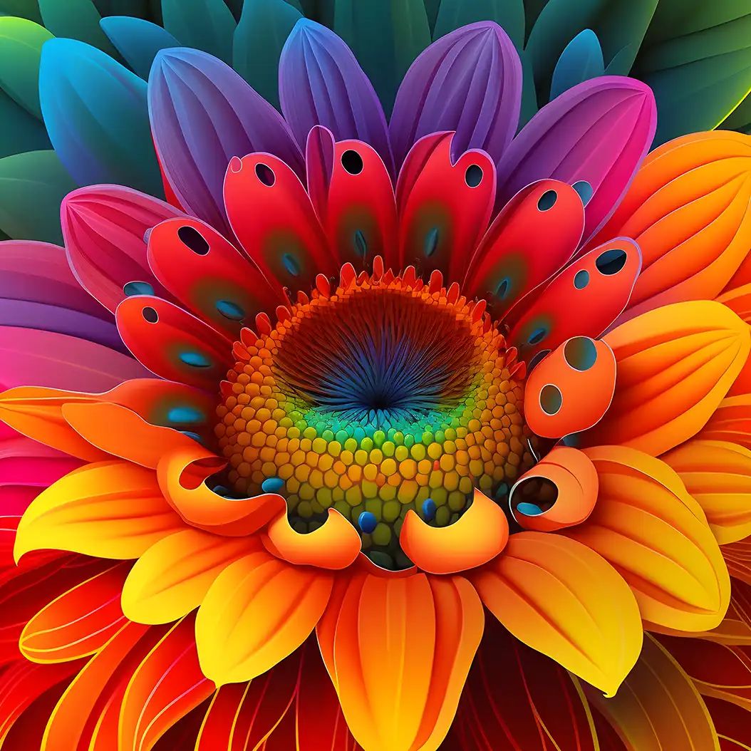 Bright Mexican sunflower illustration with layered rainbow petals and glowing center.