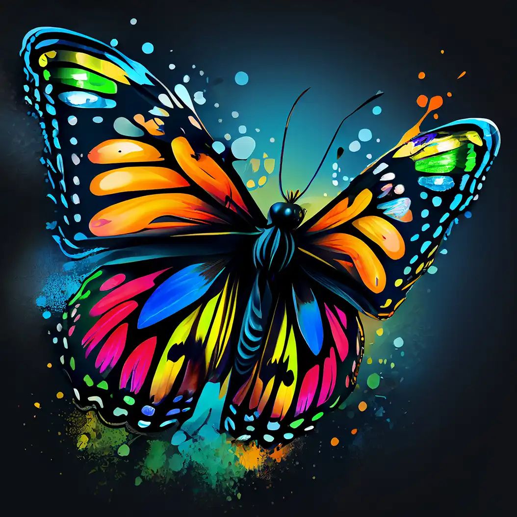 Vibrant digital illustration of a butterfly with multicolored wings featuring neon orange, pink, blue, and green hues against a dark splattered background.