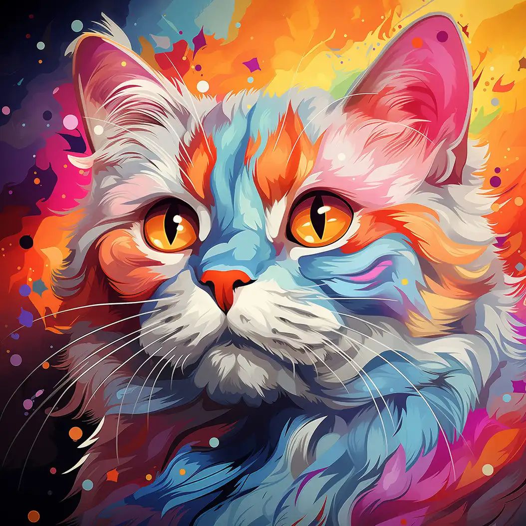 Fantasy-inspired portrait of a British Shorthair cat with colorful fur and glowing orange eyes.