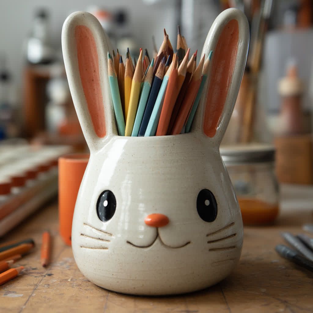 Ceramic rabbit-shaped pen holder with tall ears filled with sharpened colored pencils on a wooden desk surrounded by art supplies.