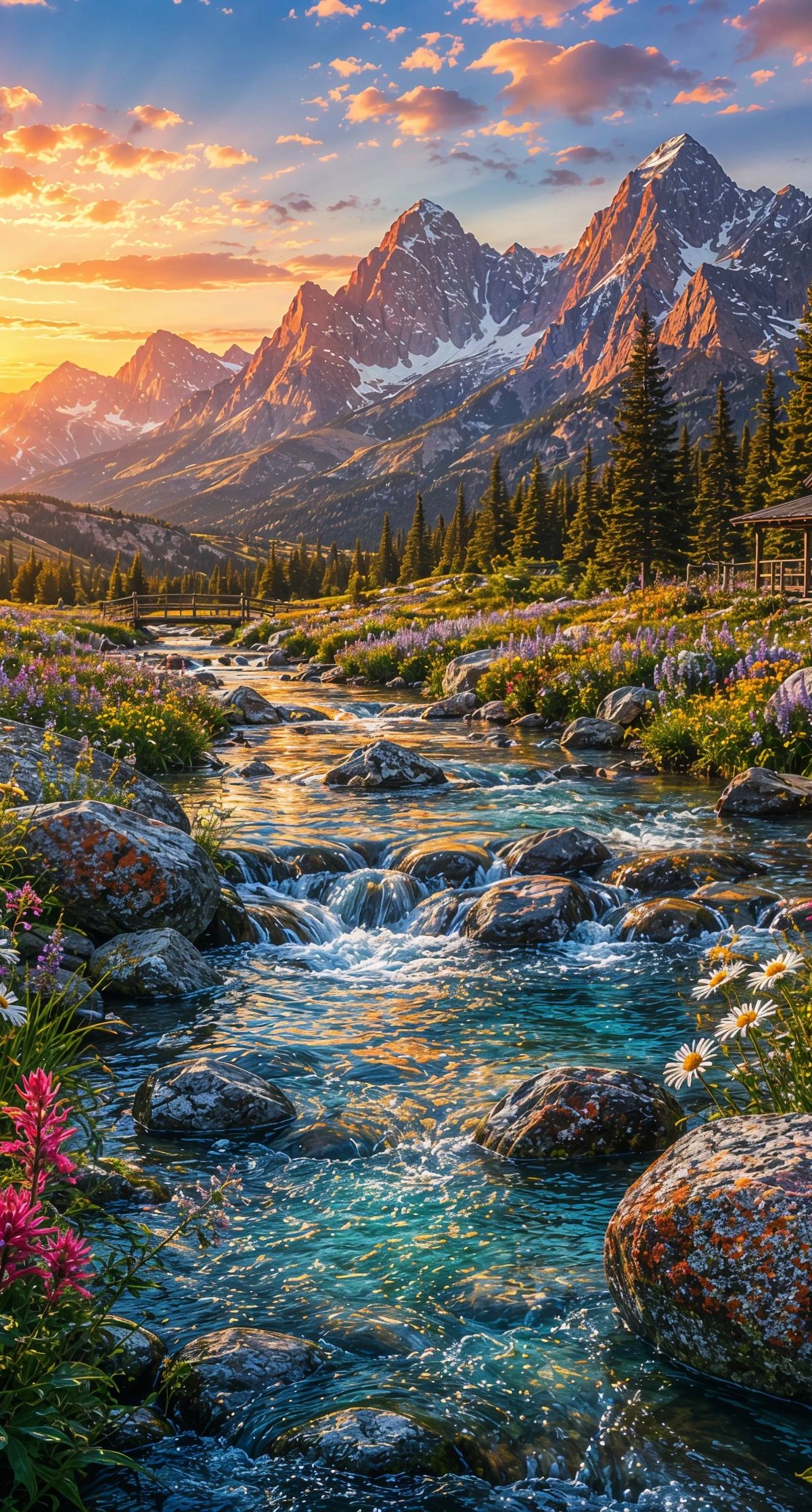 A mountain valley at sunset with a wooden cabin beside a flowing stream, surrounded by purple and pink wildflowers, evergreen trees, and jagged peaks in warm evening light