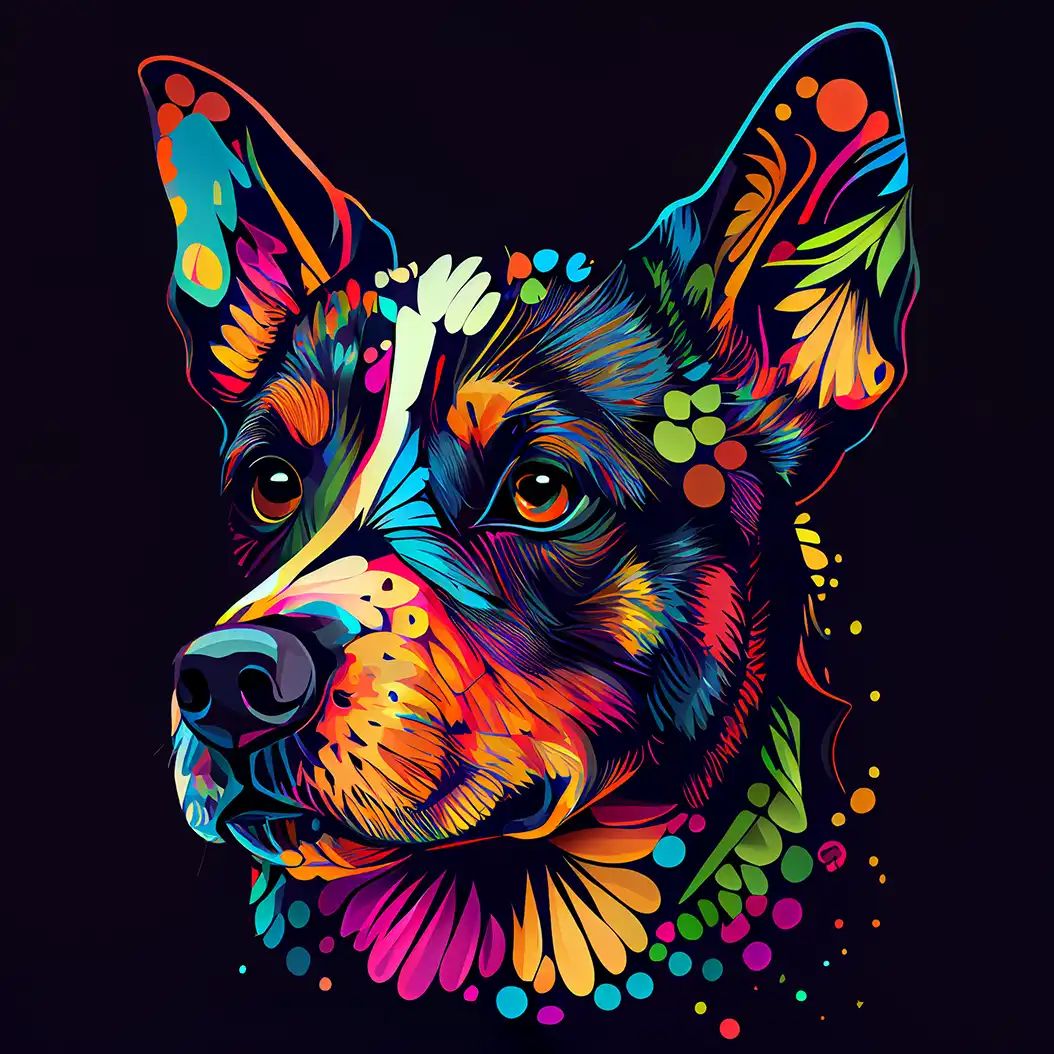 Neon pop-art style portrait of a dog with colorful floral patterns on dark background.