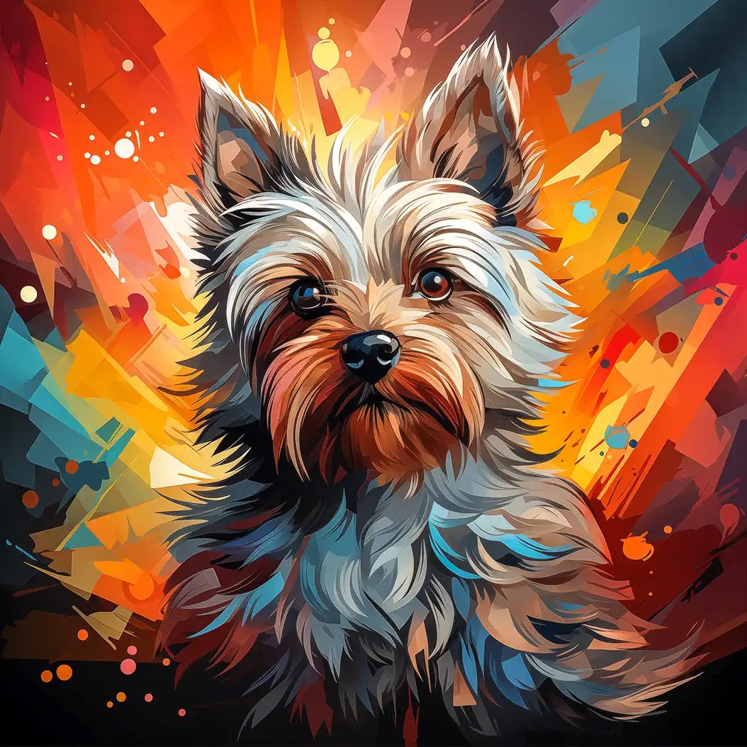 Vibrant digital illustration of a fluffy Cairn Terrier with glowing colorful abstract effects.