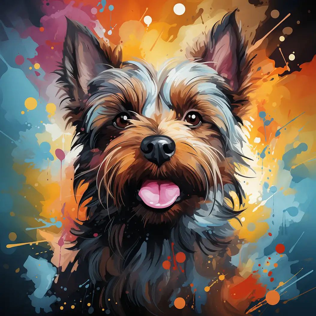 Bright artistic painting of a Cairn Terrier with expressive face and abstract colorful background.