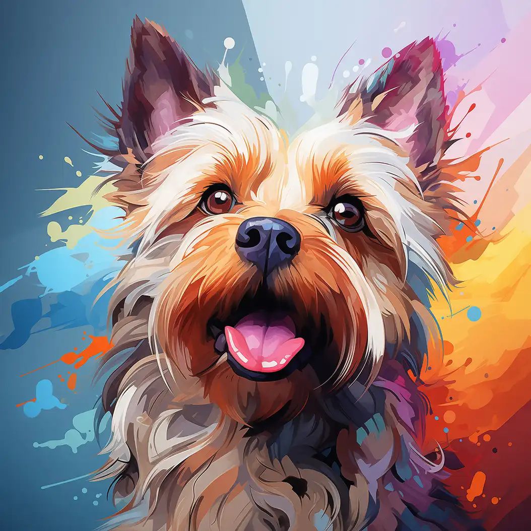 Cheerful digital portrait of a Cairn Terrier dog with soft colorful paint splash background.