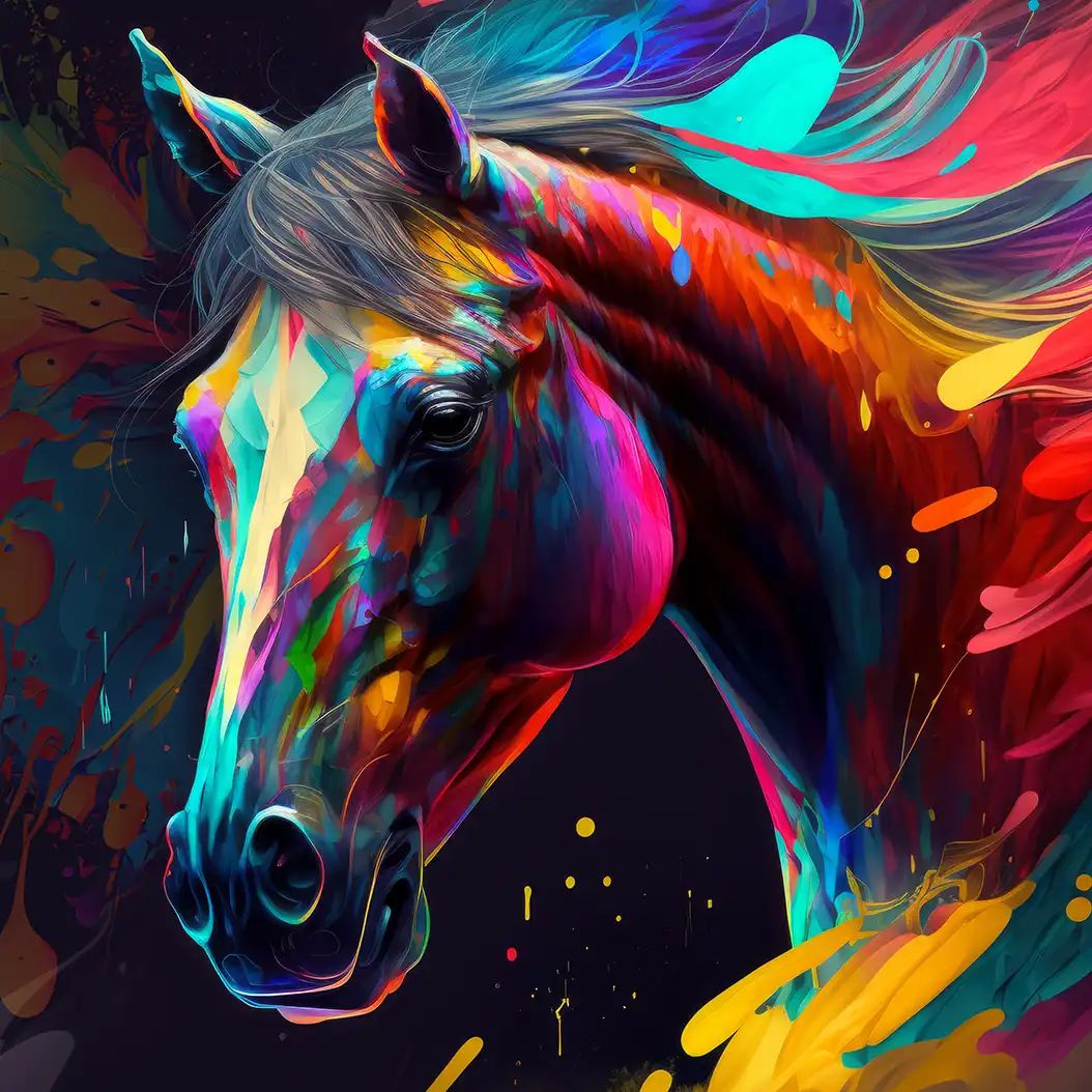 Neon-inspired portrait of a majestic horse with flowing colorful mane and dark dramatic background.