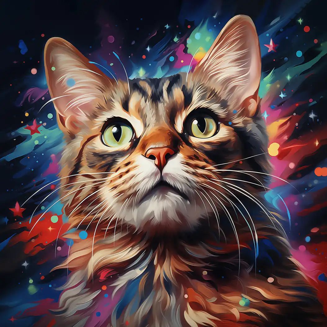 Artistic illustration of a California Spangled cat with glowing eyes and cosmic colorful background.