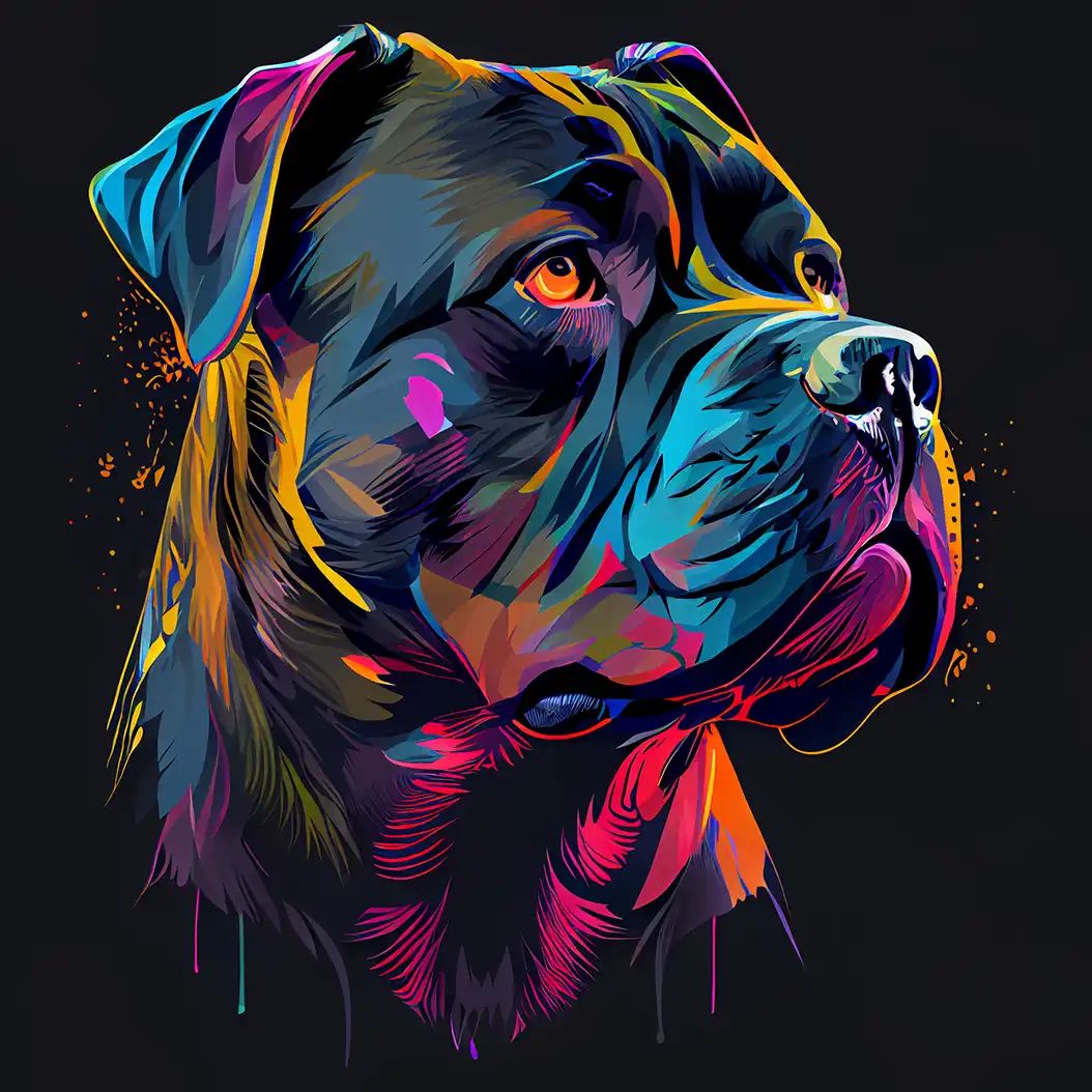 Dark dramatic digital painting of a Cane Corso with neon highlights and colorful abstract effects.