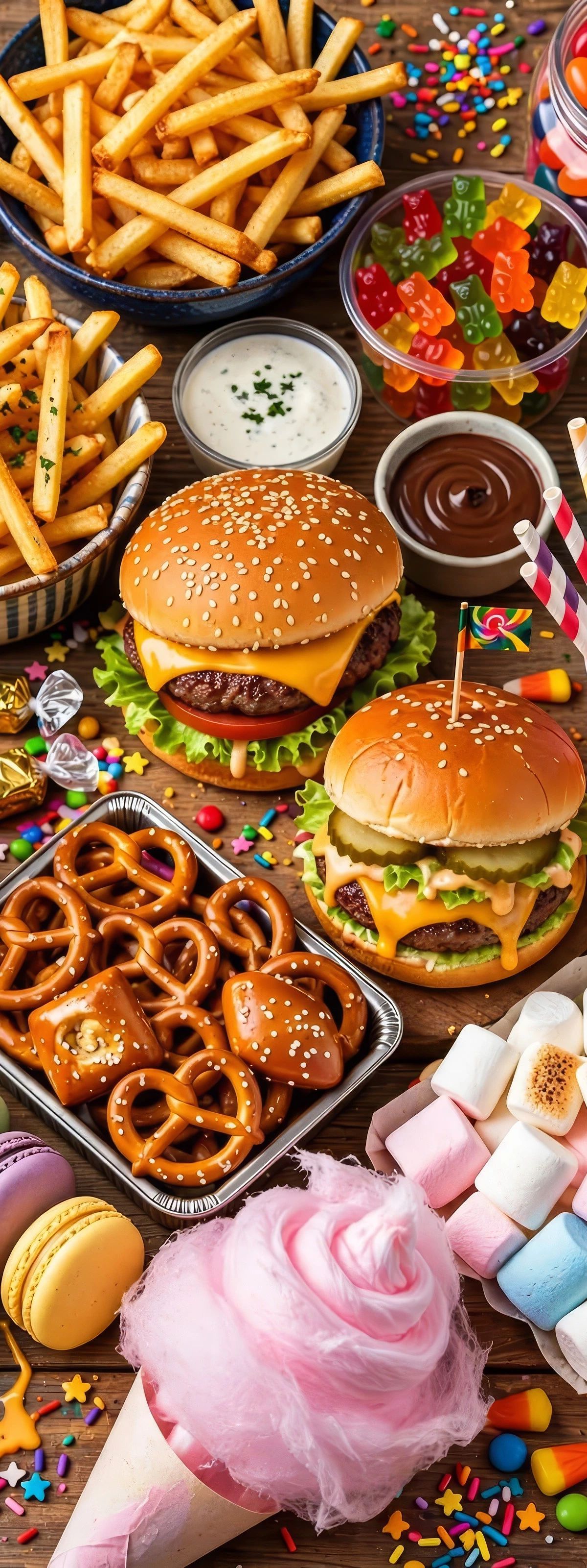 Flat lay of assorted fast food, desserts, and candy including burgers, fries, donuts, macarons, gummy candies, chocolate sauce, and colorful decorative elements on a wooden background