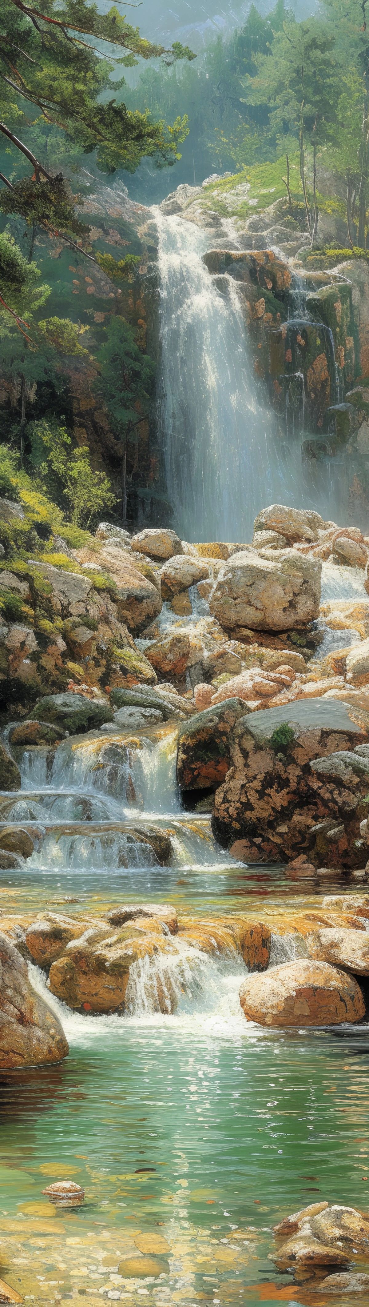 A multi-tiered waterfall cascades through a dense forest, with turquoise pools and rocky terrain in the foreground, surrounded by tall evergreen trees and misty mountains in the background.