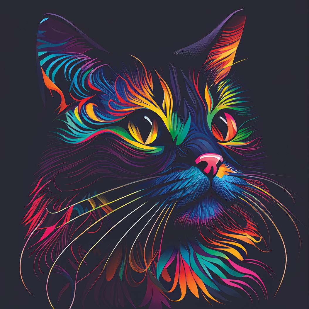 Neon-style colorful portrait of a cat with glowing rainbow fur and dramatic dark background.