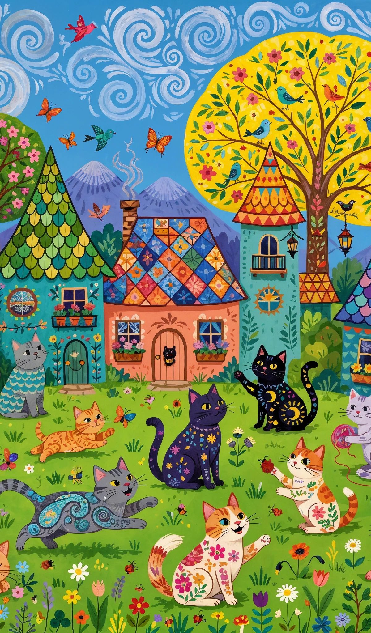 Colorful illustration of multiple decorative cats in a fantasy village with patterned buildings, large flowering tree, ornamental details, and blue sky with swirls