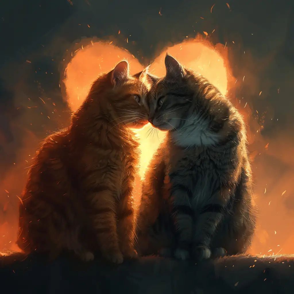 An orange tabby cat and a gray tabby cat touch noses while sitting together in front of a glowing orange backlit haze.