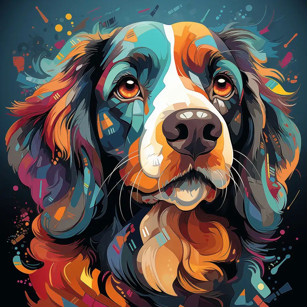 Vibrant artistic portrait of a Cavalier King Charles Spaniel with colorful expressive paint strokes.
