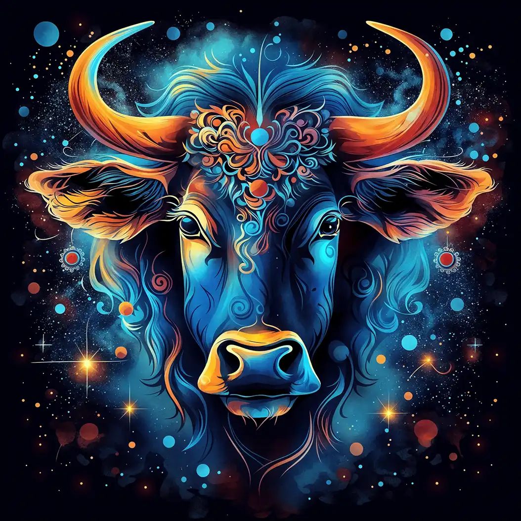 Cosmic-inspired digital painting of a glowing bull with galaxy patterns and neon colors.