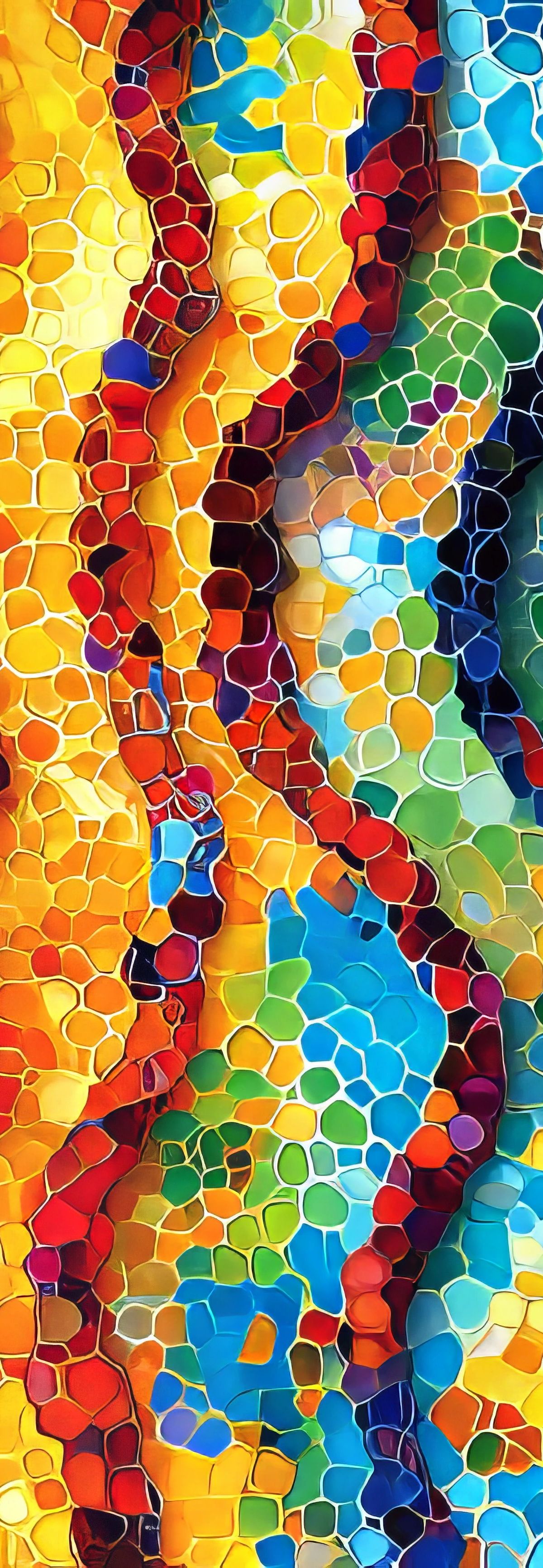 Abstract digital art featuring flowing waves of small hexagonal and polygonal tiles in rainbow colors with golden outlines, creating a cellular or stained-glass pattern