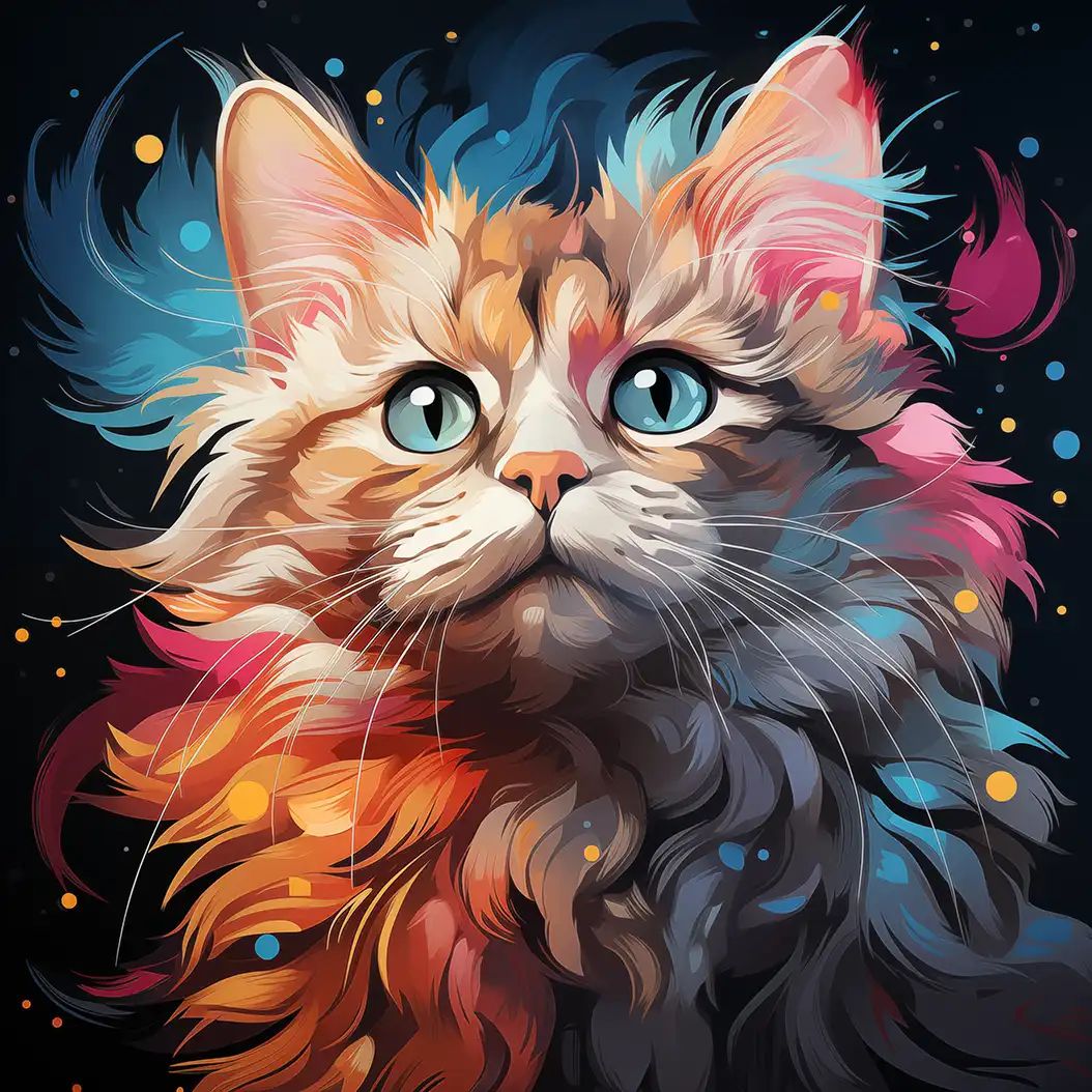 Dreamy digital illustration of a Chantilly Tiffany kitten with soft colorful fur and glowing eyes.