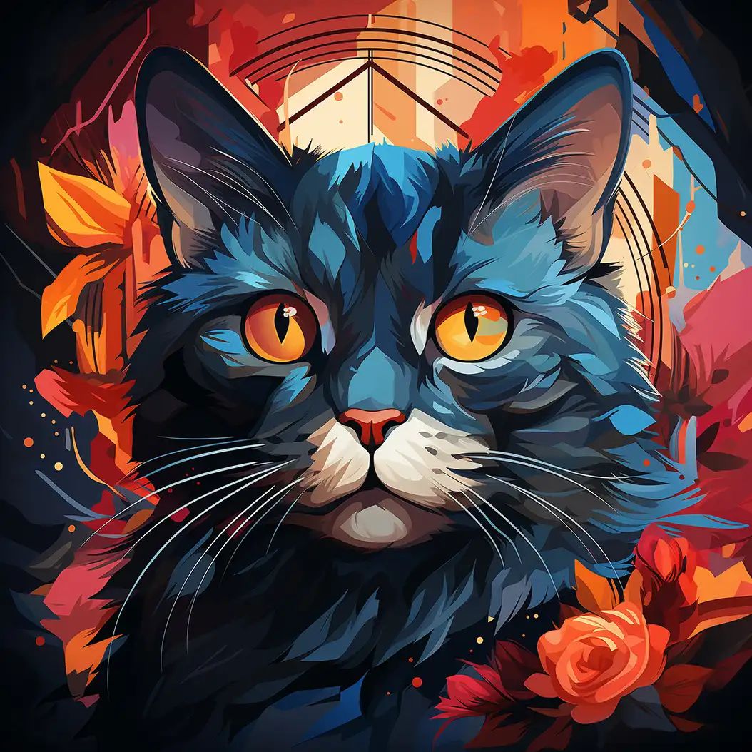 Vibrant digital illustration of a blue-furred cat with piercing orange eyes surrounded by fiery orange and red abstract floral background.