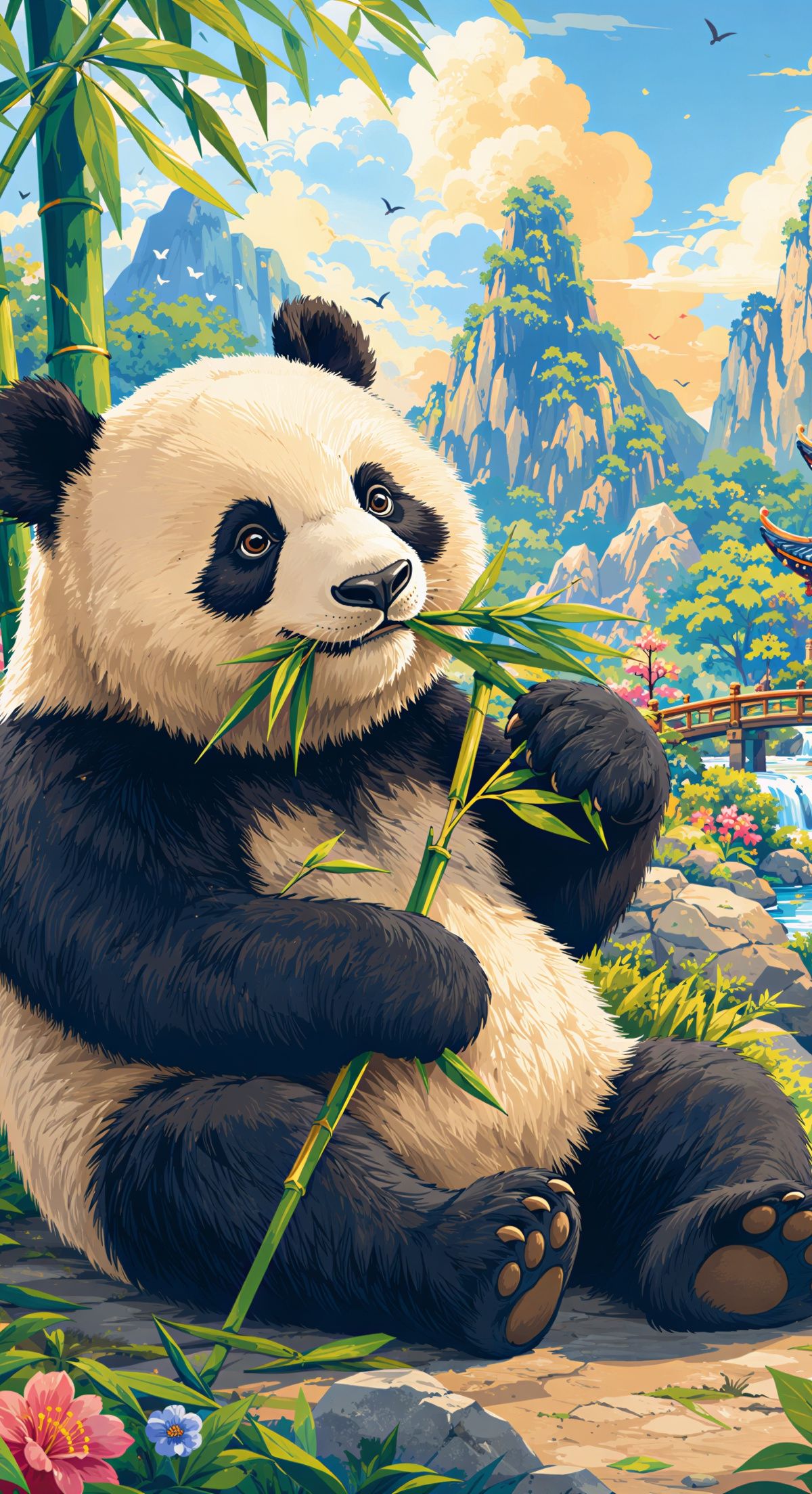 Illustrated giant panda sitting among bamboo and flowers, chewing a bamboo stalk with a Chinese pagoda and waterfall in the background.