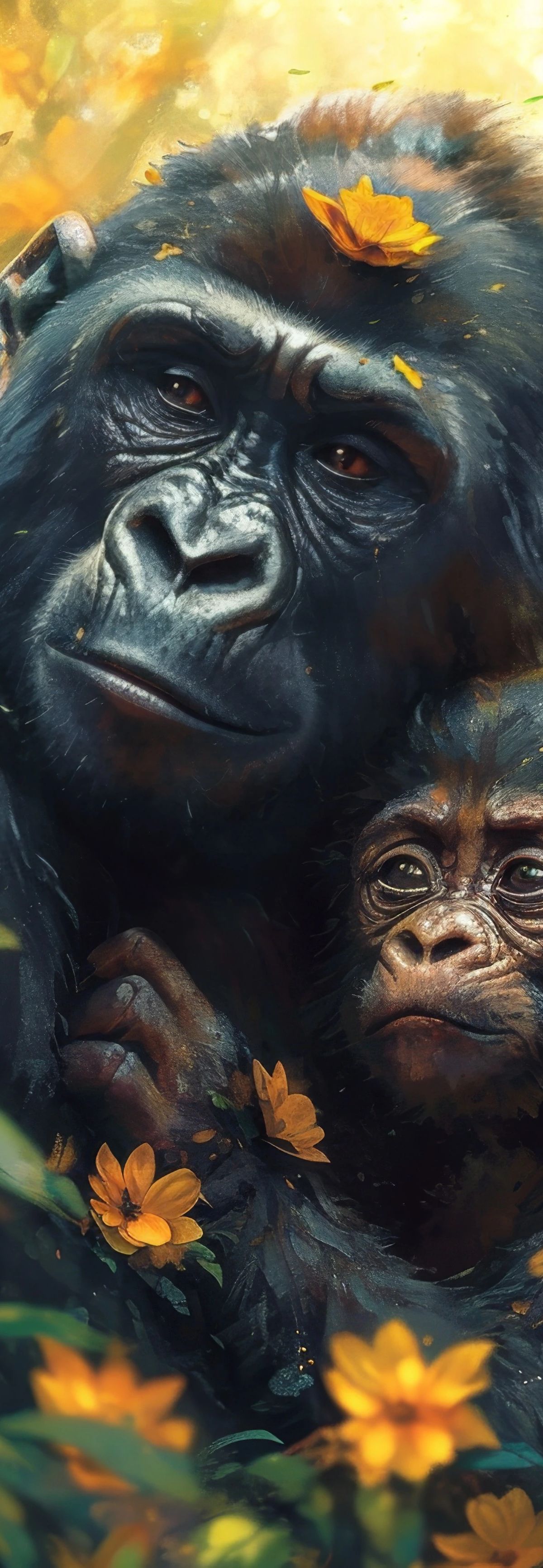 A mother chimpanzee and baby chimpanzee surrounded by yellow flowers in a glowing forest setting, with golden light filtering through the foliage