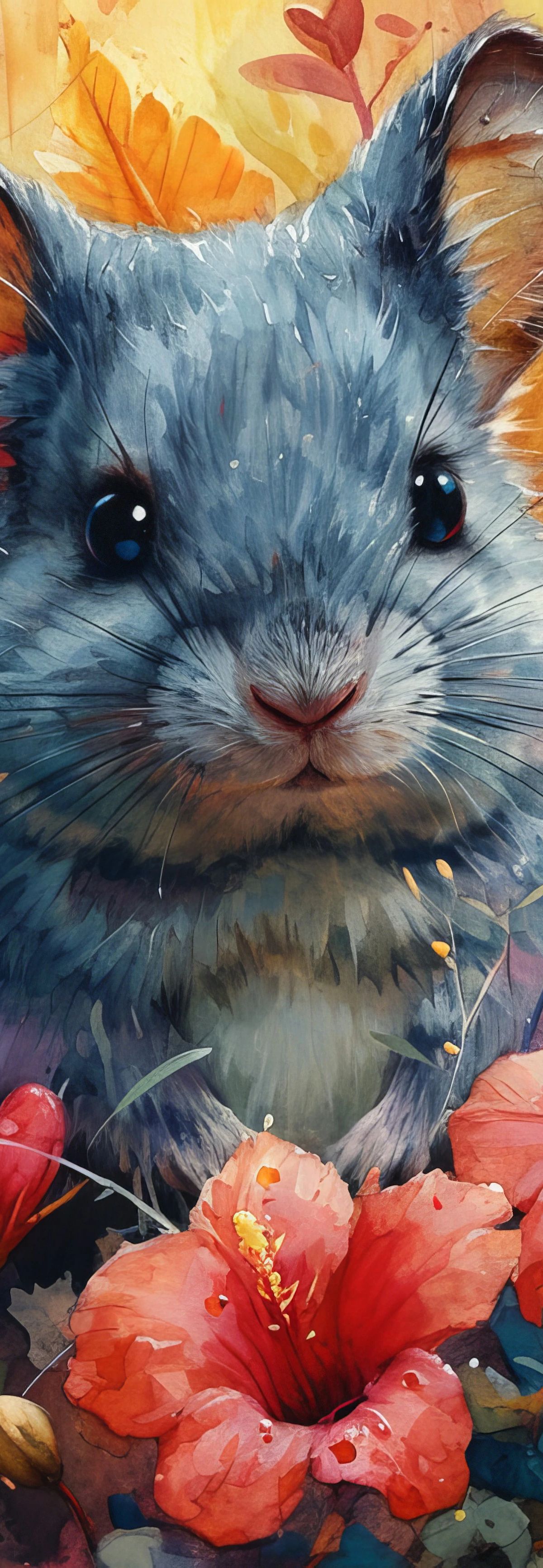 A grey chinchilla with large ears centered among blooming coral, pink, and orange flowers with green foliage in a watercolor illustration style