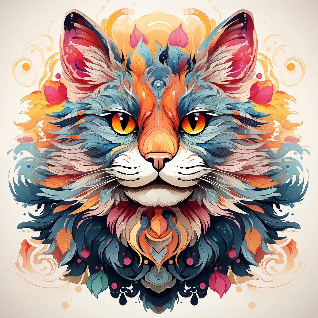 Decorative artistic portrait of a Chinese Li Hua cat with ornate colorful fur patterns and floral accents.