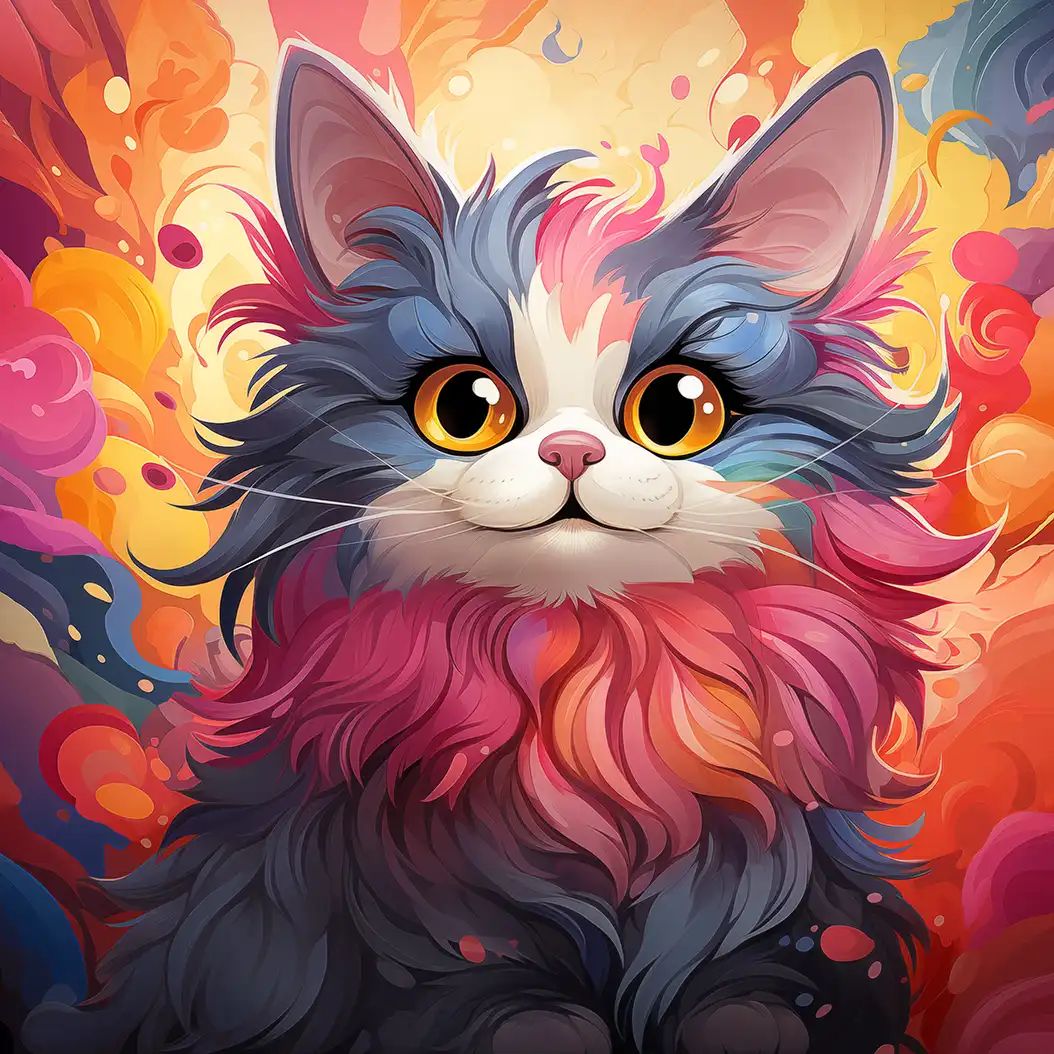 Fantasy-inspired digital painting of a fluffy Chinese Li Hua cat with colorful fur and glowing eyes.