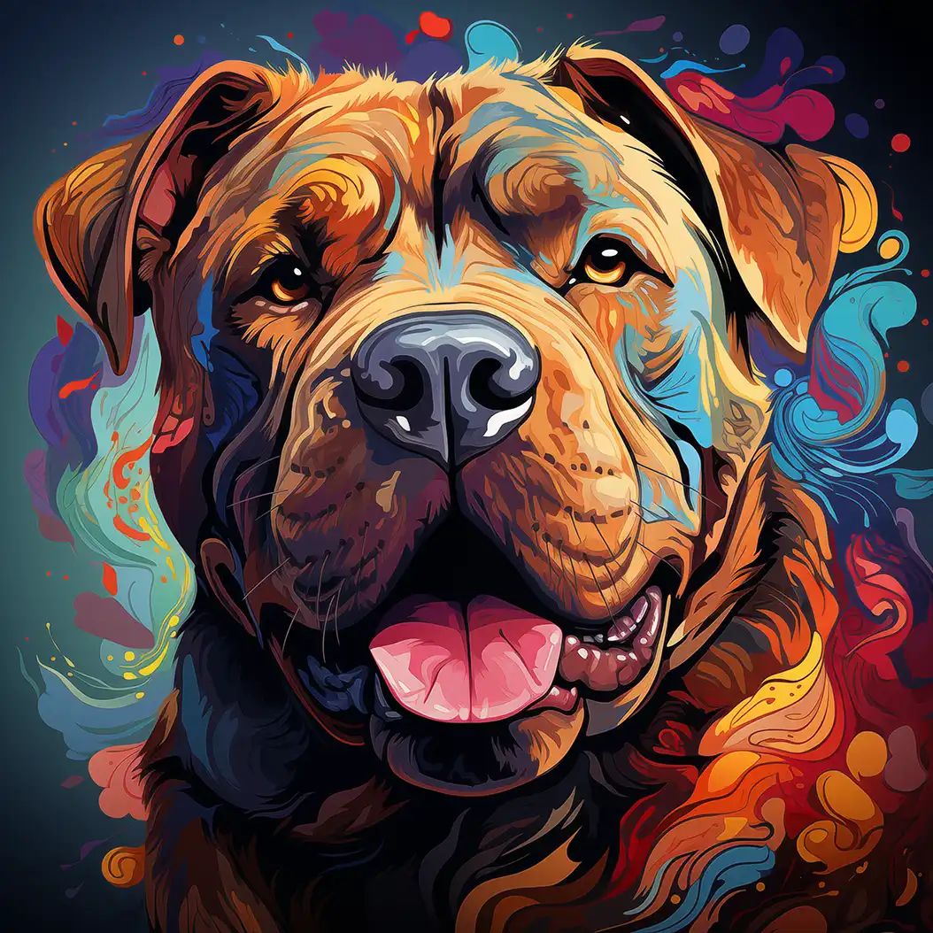 Stylized portrait of a Chinese Shar Pei dog with wrinkled face and vivid neon paint effects.