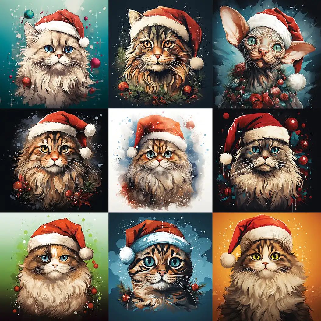 Nine separate illustrated portraits of different cats each wearing a red Santa hat, arranged in a grid with varied colorful backgrounds.
