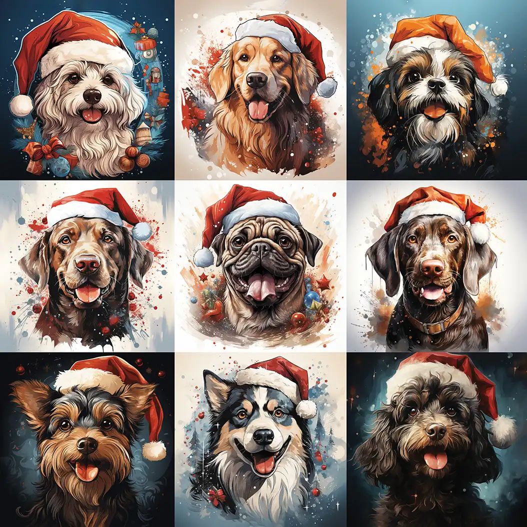 Nine separate illustrated portraits of different dog breeds, each wearing a red Santa hat, arranged in a three by three grid.