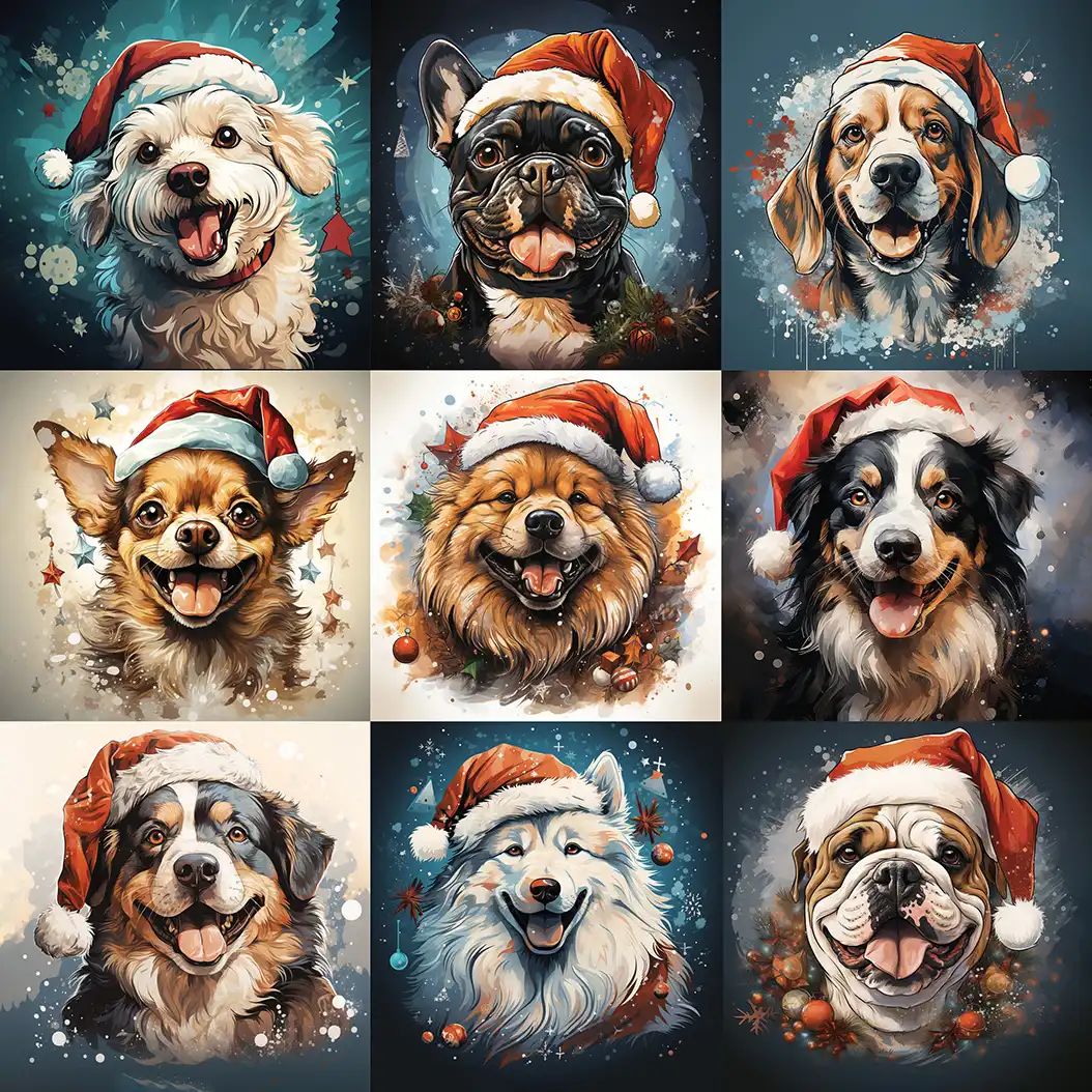 Grid of nine illustrated dog portraits, each wearing a red and white Santa hat, including breeds like French bulldog, chihuahua, husky, bulldog and collie.