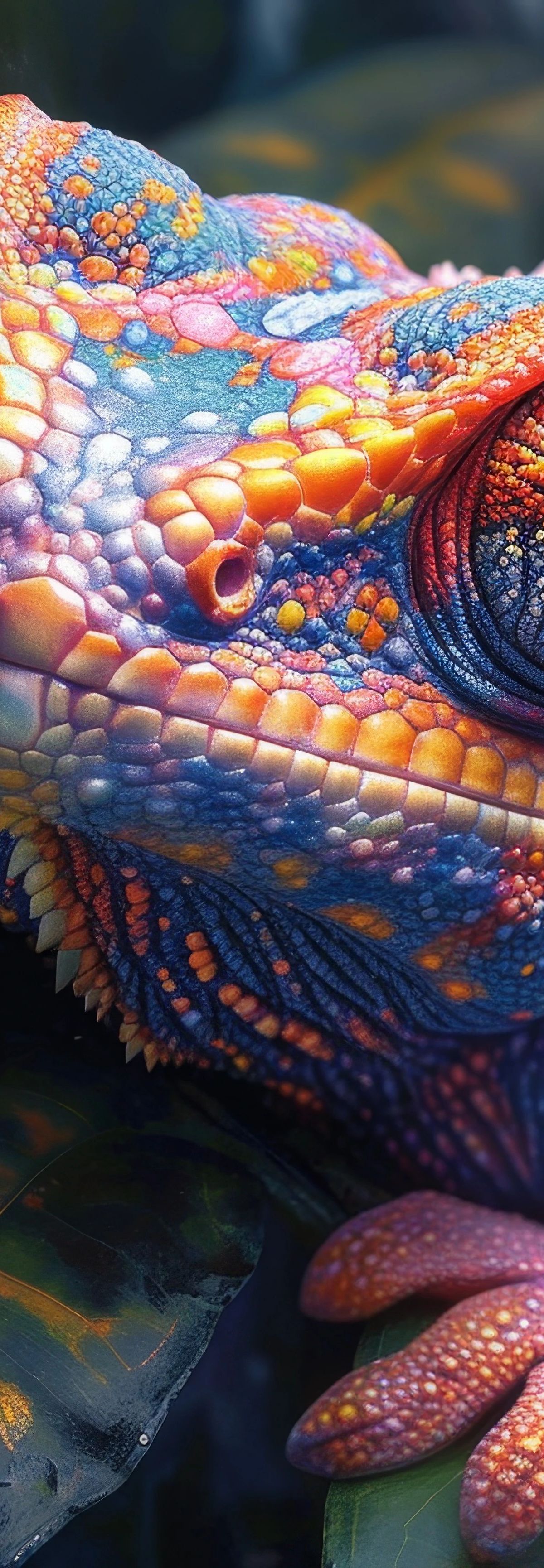 A highly detailed illustration of a colorful chameleon perched on a branch, featuring brilliant blues, oranges, reds, and yellows across its textured scales and body
