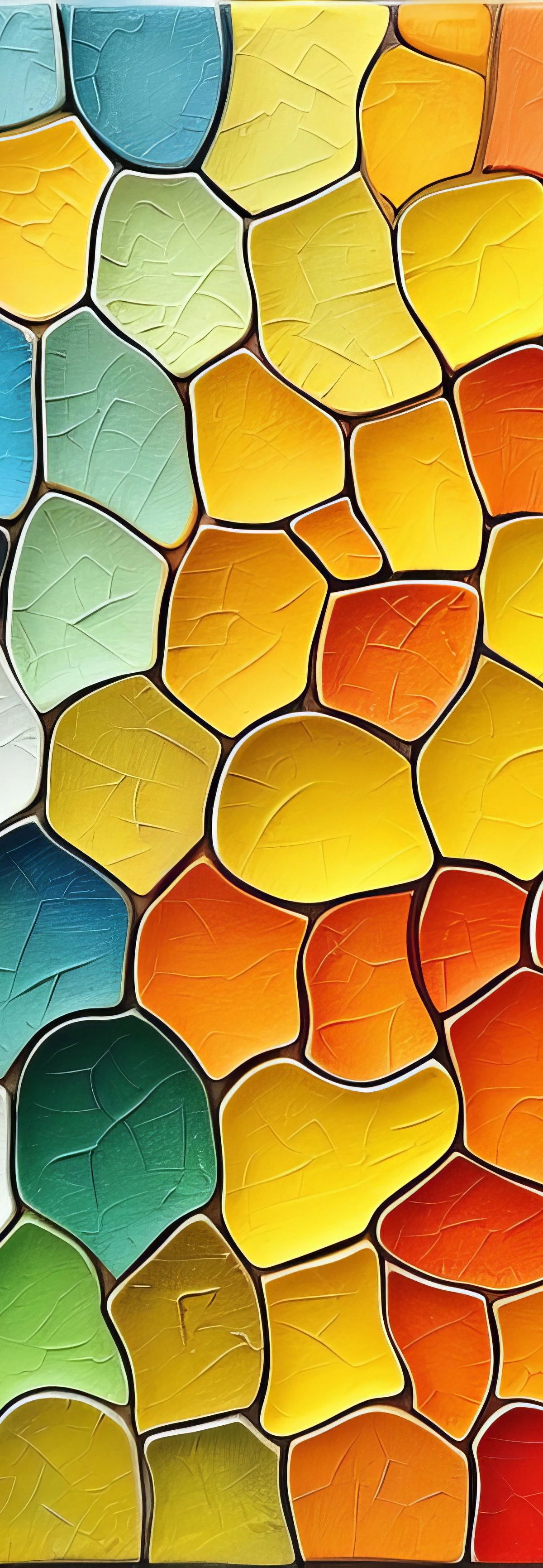 A colorful stained glass mosaic pattern featuring irregular polygon tiles arranged in a color spectrum gradient from blue on the left to red on the right, with white grout lines separating each piece.