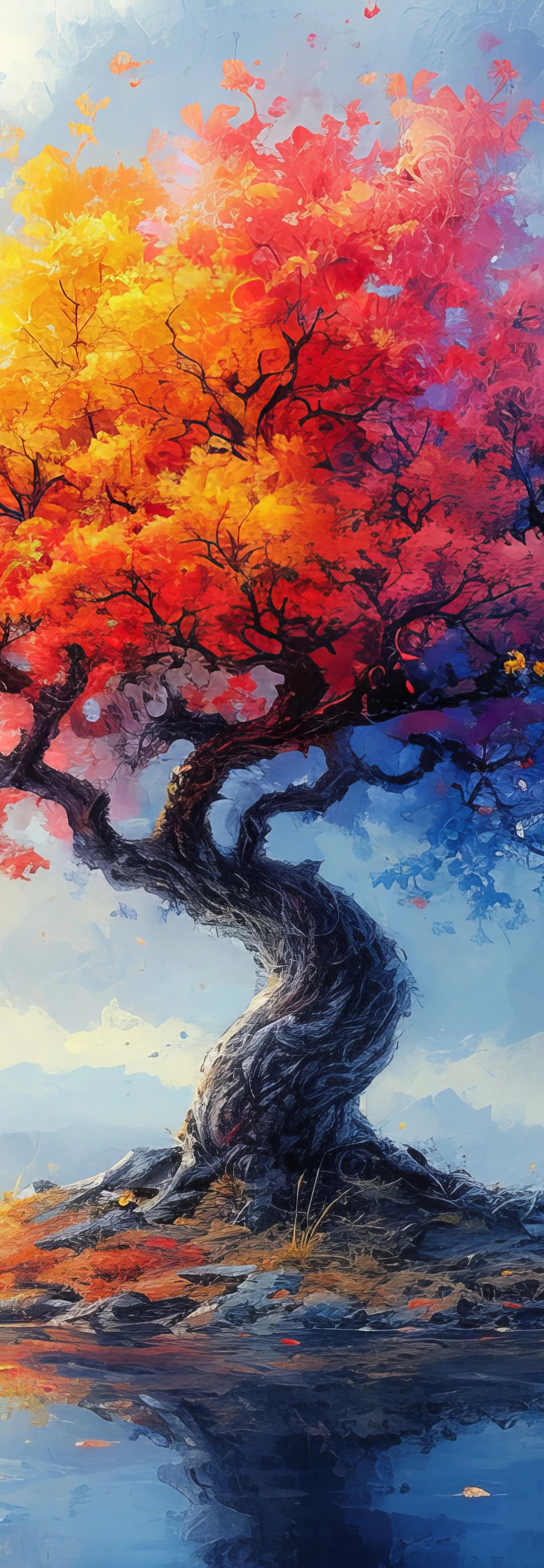 A gnarled tree with a dark twisted trunk stands alone in shallow water, its canopy ablaze with a vibrant gradient of colors ranging from warm yellows and oranges on the left to cool reds and deep blues on the right, set against a soft blue sky with white clouds.
