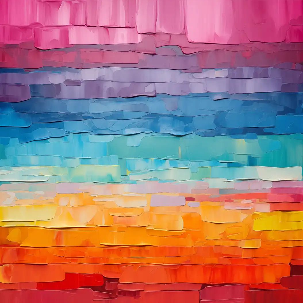Abstract painting with horizontal textured paint bands transitioning from pink and purple at top to blue, teal, orange, and red at bottom.