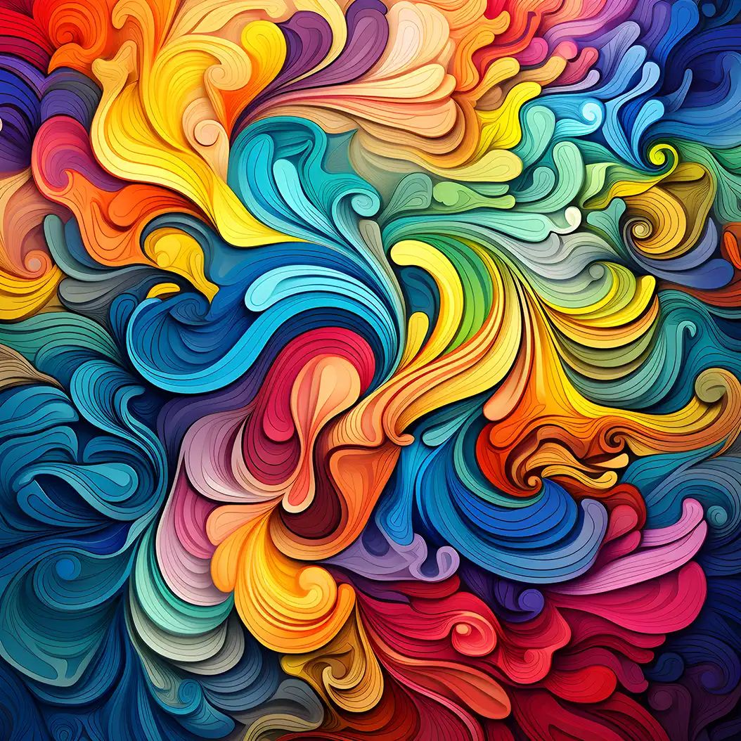 Abstract swirling rainbow artwork with flowing colorful liquid-like patterns and vibrant gradients.