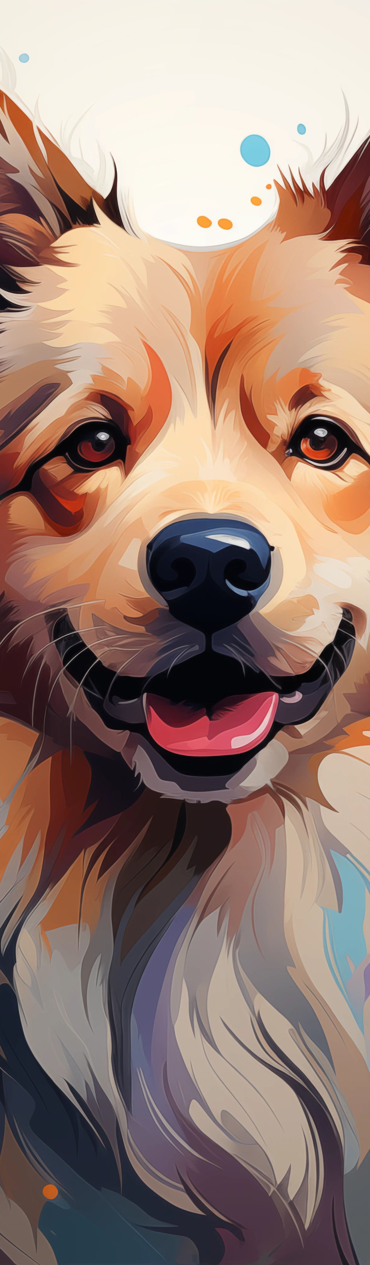 A digitally illustrated American Eskimo with fluffy cream and brown fur, smiling at the camera, surrounded by colorful paint splashes and abstract shapes in blue, orange, pink, and purple tones.