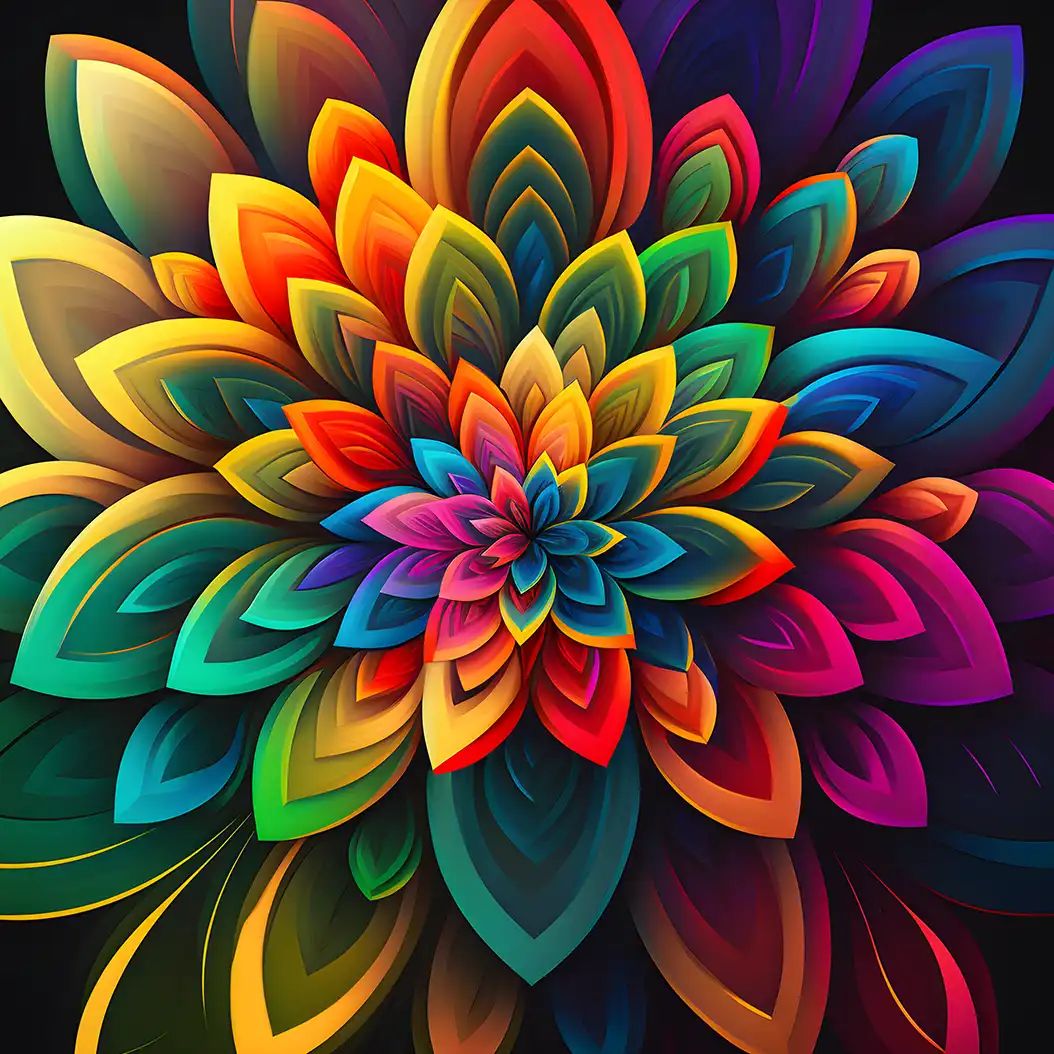 A vividly colored digital illustration of a lotus-like flower with layered, gradient petals in rainbow hues against a black background.